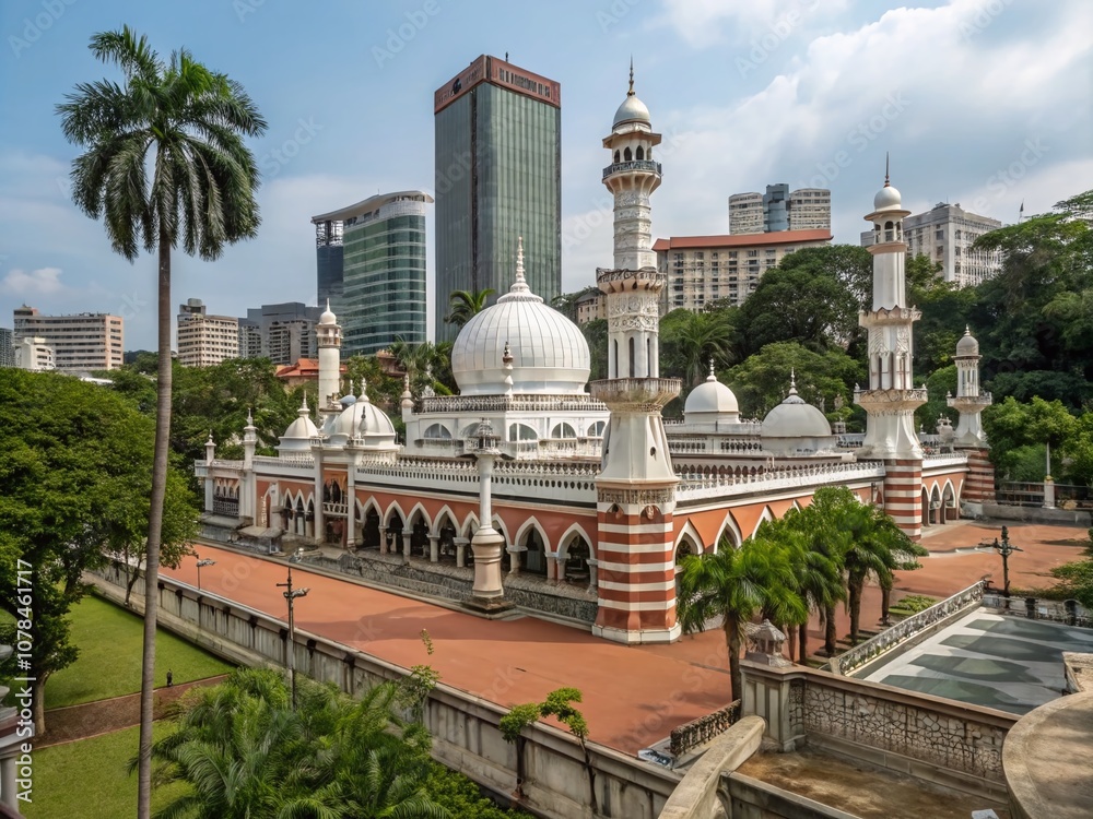 Obraz premium Captivating Portrait Photography of Jamek Mosque, Kuala Lumpur, Showcasing Stunning Architectural Details Against a Clear Blue Sky with Vibrant Surroundings