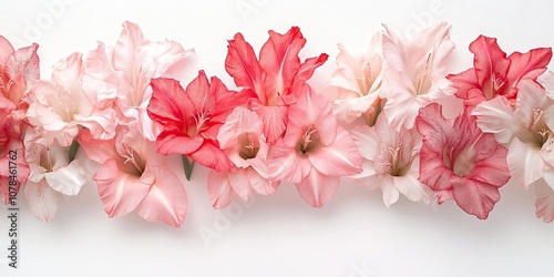 View from above of Gladiolus flowers, set apart against a white backdrop. These Gladiolus flowers are showcased in isolation on a clear white background.