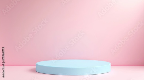 Light blue rendered stage with a geometric podium backdrop, designed for product display on a pink background. Perfect for summer, autumn, or spring sale promotions, with ample copy space. photo