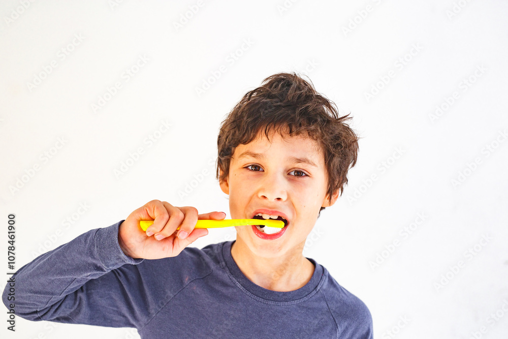 Happy boy brushing his teeth with yellow tooth brush in sunny morning against white wall or background Happy boy brushing his teeth with yellow tooth brush in sunny morning against white wall or background