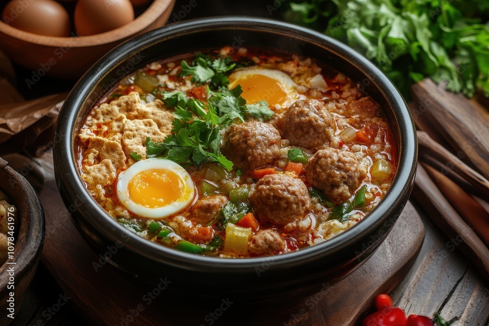 Spicy seblak is a soup with soaked crackers meatballs sausages veggies and eggs featuring a hot savory sauce Spicy seblak is a soup with soaked crackers meatballs sausages veggies and eggs featuring a hot savory sauce