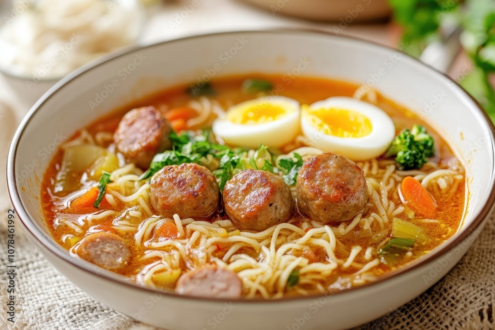 Spicy seblak is a soup with soaked crackers meatballs sausages veggies and eggs featuring a spicy savory sauce Spicy seblak is a soup with soaked crackers meatballs sausages veggies and eggs featuring a spicy savory sauce