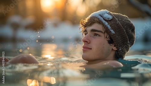 Portrait of a young man in the pool at sunset in winter
