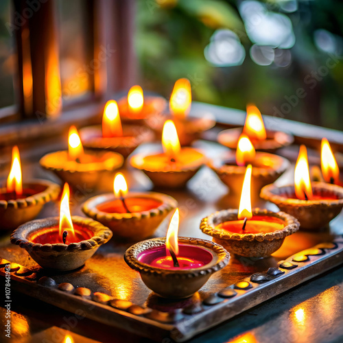 Close-ups of thalis (prayer plates) adorned with diyas