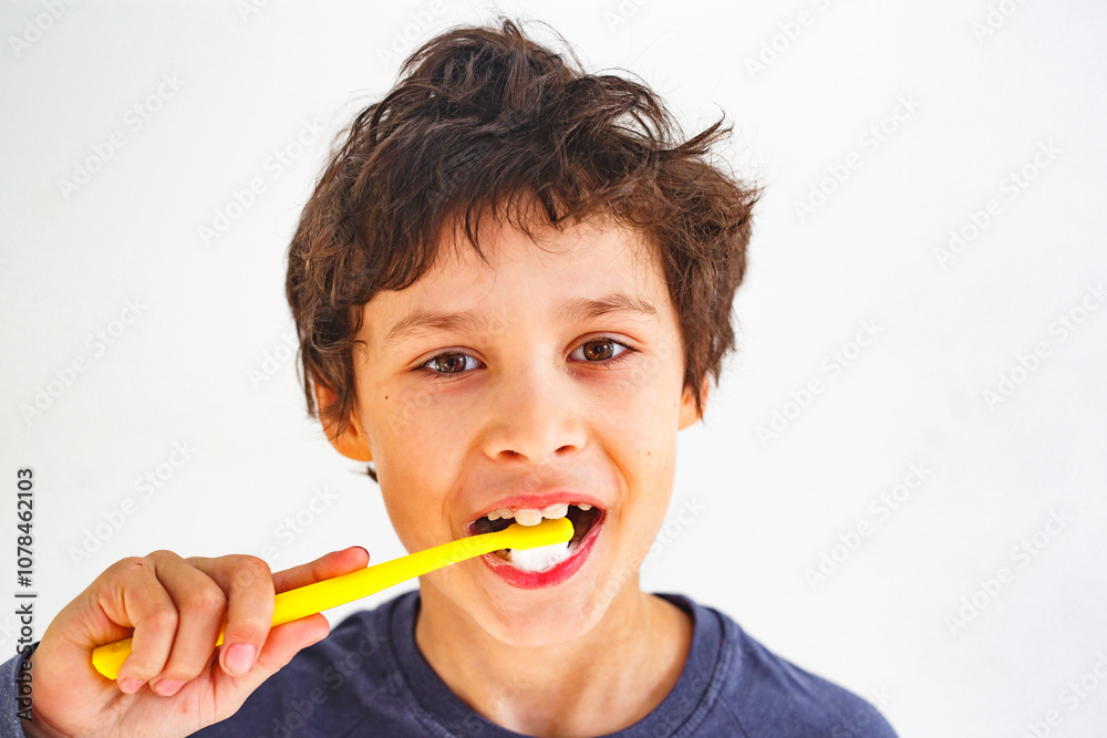Happy boy brushing his teeth with yellow tooth brush in sunny morning against white wall or background Happy boy brushing his teeth with yellow tooth brush in sunny morning against white wall or background