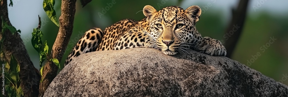 Serene Leopard Relaxing, Resting Peacefully on a Rock A Majestic Sight in Natures Wonderland. Serene Leopard Relaxing, Resting Peacefully on a Rock A Majestic Sight in Natures Wonderland.
