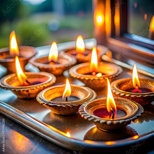 Close-ups of thalis (prayer plates) adorned with diyas