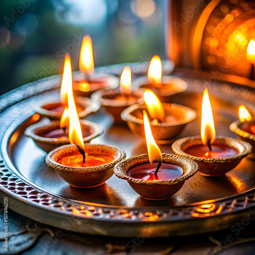 Close-ups of thalis (prayer plates) adorned with diyas