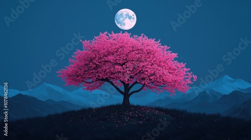 A tree under the moon in the mountains with a landscape of the sky and night, featuring a beautiful sunset, water, clouds, and shadows, capturing the essence of nature in the evening