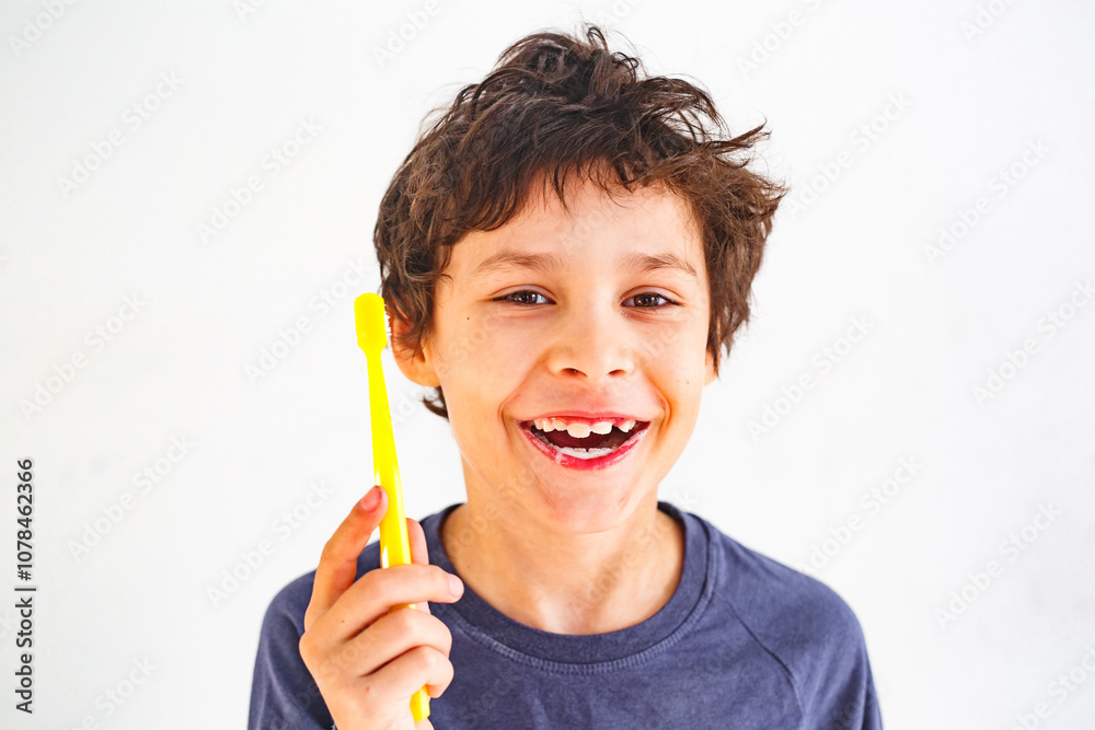 Happy boy brushing his teeth with yellow tooth brush in sunny morning against white wall or background Happy boy brushing his teeth with yellow tooth brush in sunny morning against white wall or background
