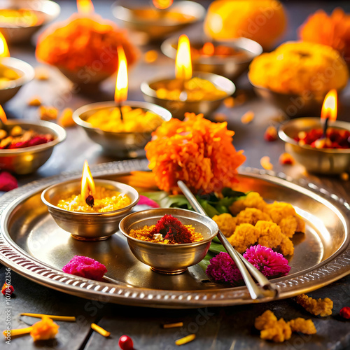 Close-ups of thalis (prayer plates) adorned with diyas