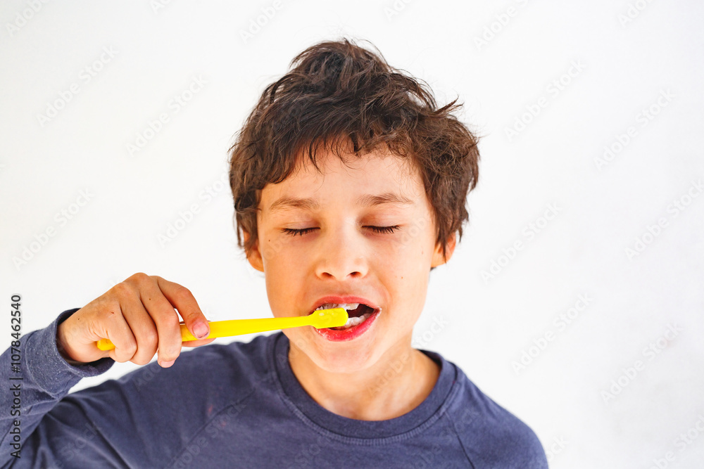 Happy boy brushing his teeth with yellow tooth brush in sunny morning against white wall or background Happy boy brushing his teeth with yellow tooth brush in sunny morning against white wall or background