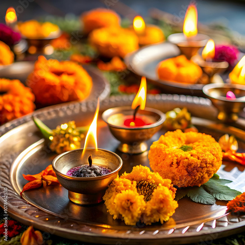 Close-ups of thalis (prayer plates) adorned with diyas