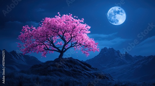 Night landscape with moon and trees under a starry sky