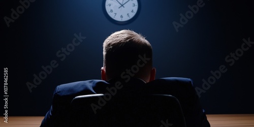 A silhouette of a person in a dark room, facing a clock, evoking a sense of anticipation or tension. photo