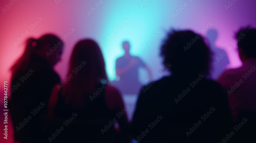 Fototapeta premium Talk show in a studio with an abstract blue-purple background, silhouettes of people discussing various topics, blurred image