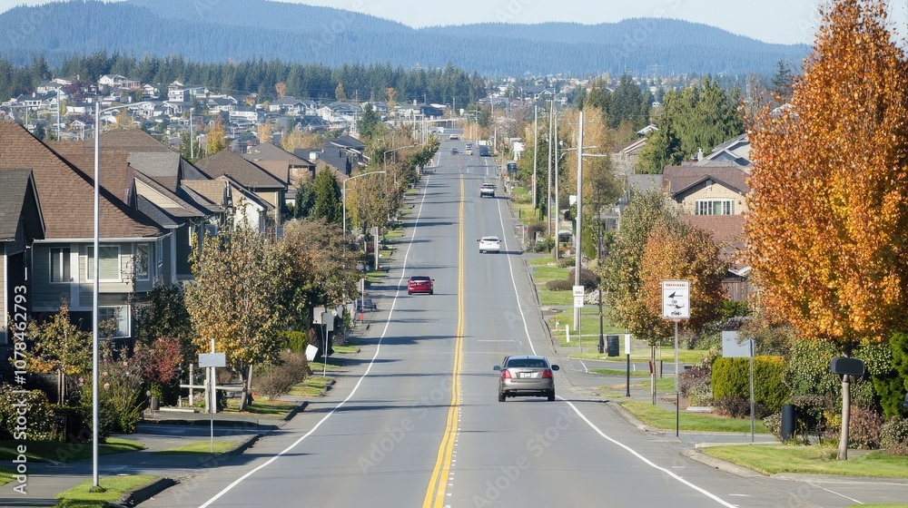Obraz premium Scenic Residential Street in Suburban Area with Colorful Trees and Peaceful Atmosphere, Ideal for Depicting Everyday Life and Community in Vibrant Neighborhood