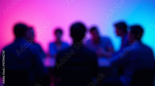 Blurred image of a television studio with silhouettes of people discussing talk show topics against an abstract blue-purple background