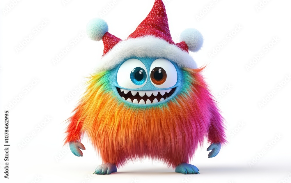 Fototapeta premium Cute and funny colored furry chrismas style monster 3D cartoon character. huge big eyes good smile furry and pretty on white background 