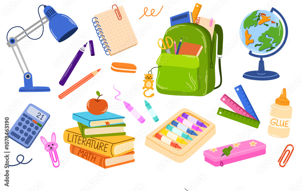 School supplies set. Backpack, book, globe, paints, ruler, pen, pencil, calculator, pencil box, lamp, glue. Vector cartoon illustration for study, school, university. School supplies set. Backpack, book, globe, paints, ruler, pen, pencil, calculator, pencil box, lamp, glue. Vector cartoon illustration for study, school, university.