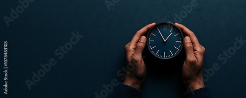 A close-up of hands holding a stylish black clock against a dark background, emphasizing time and elegance. photo