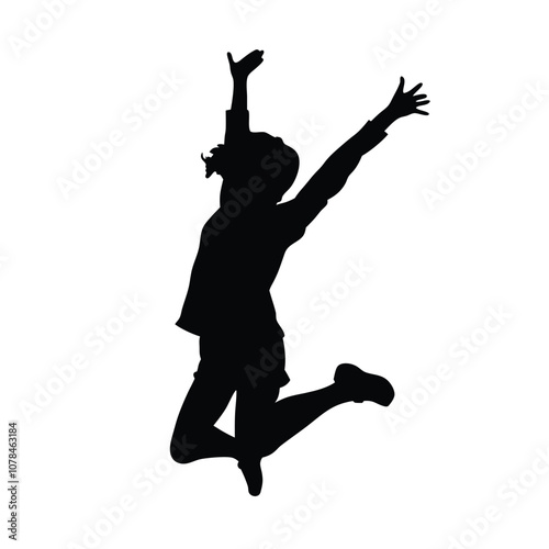 A woman is jumping in the air. She is wearing a black shirt and black pants