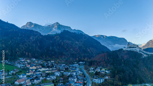 Autumn. Alps. Austria. Hallstatt. Gosausee. Medieval castle Hohenwerfen.