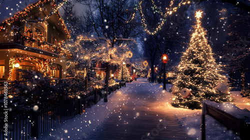 Festive Village Covered in Snow with Holiday Lights 