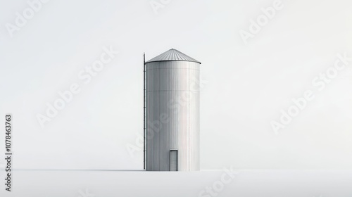 A Single Silvery Silo Against a Plain White Background