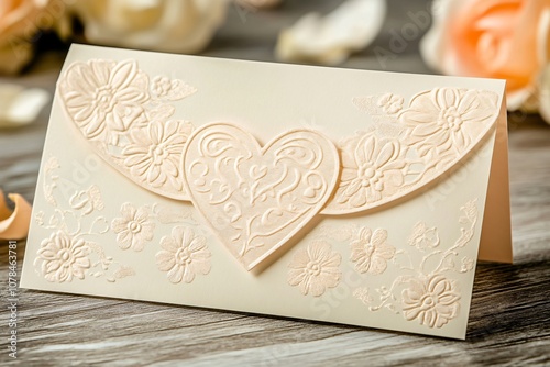 Elegant Cream Card with Heart and Floral Embellishments Perfect for Weddings, Anniversaries, or Romantic Gestures on a Rustic Wooden Background
