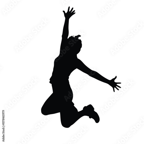 A woman is jumping in the air. She is wearing a black shirt and black pants