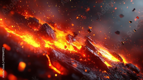 A close-up view of a glowing, fiery lava flow with smoke and embers rising.