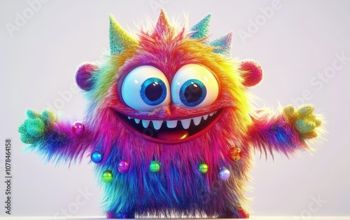 Cute and funny colored furry chrismas style monster 3D cartoon character. huge big eyes good smile furry and pretty on white background 