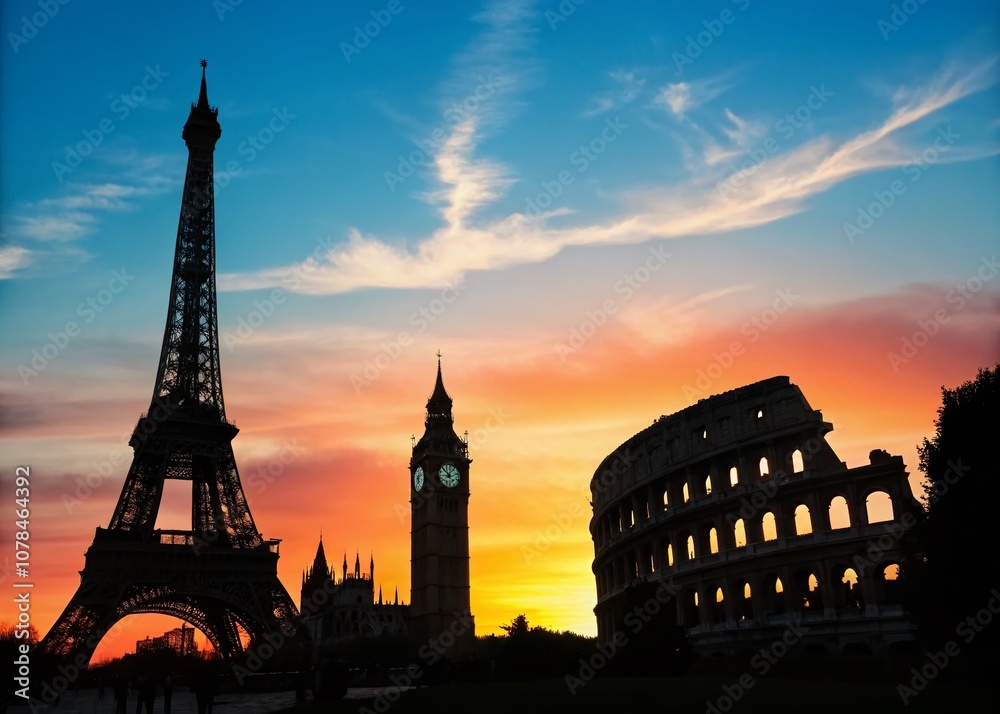 Naklejka premium Captivating Silhouette Photography of Iconic European Landmarks Against a Stunning Sunset Sky, Evoking the Spirit and Beauty of Europe in Every Frame