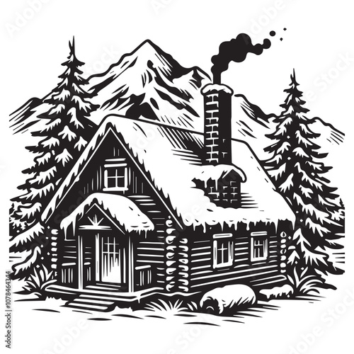 Cozy Log Cabin Nestled in a Mountainous Winter Wonderland. This black and white illustration depicts a charming log cabin nestled amidst a snowy landscape, with a backdrop of majestic mountains and to