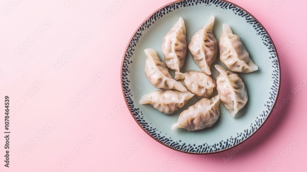 Plate of vegan dumplings bright background clean layout copy space Plate of vegan dumplings bright background clean layout copy space
