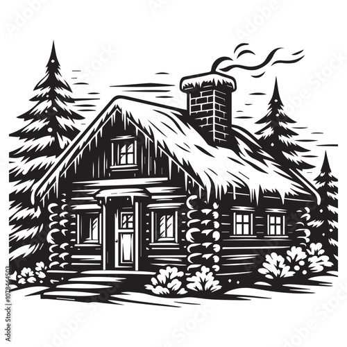 Cozy Log Cabin Nestled in a Mountainous Winter Wonderland. This black and white illustration depicts a charming log cabin nestled amidst a snowy landscape, with a backdrop of majestic mountains and to