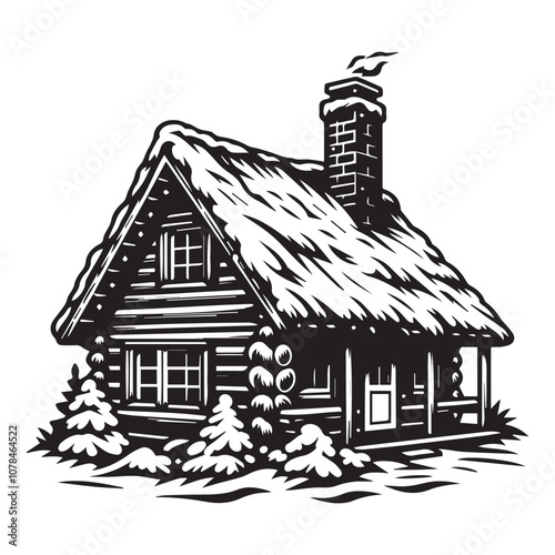 Cozy Log Cabin Nestled in a Mountainous Winter Wonderland. This black and white illustration depicts a charming log cabin nestled amidst a snowy landscape, with a backdrop of majestic mountains and to