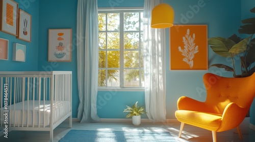 Fototapeta Naklejka Na Ścianę i Meble -  Modern nursery with a white crib, yellow armchair, and blue walls with artwork.