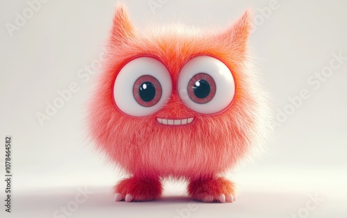 Cute and funny colored furry chrismas style monster 3D cartoon character. huge big eyes good smile furry and pretty on white background 