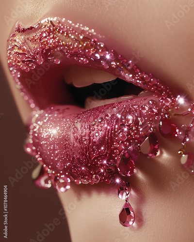 Beautiful sexy attractive female lips. Beautiful lips of a girl with glowing crystals. Photo style digital illustration. AI artwork.  photo