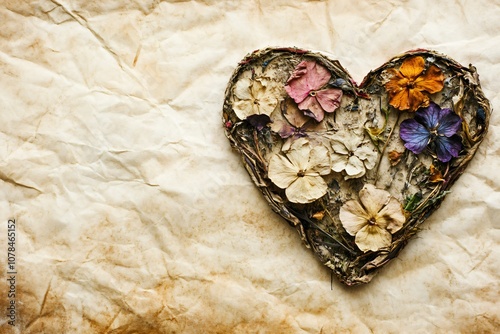 Heart-shaped arrangement of dried flowers on textured paper background showcasing natural beauty and vintage aesthetic for artistic and decorative purposes