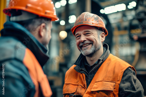 Middle-aged factory workers in uniforms and hard hats engage in a cheerful conversation while at work in a vibrant industrial setting photo