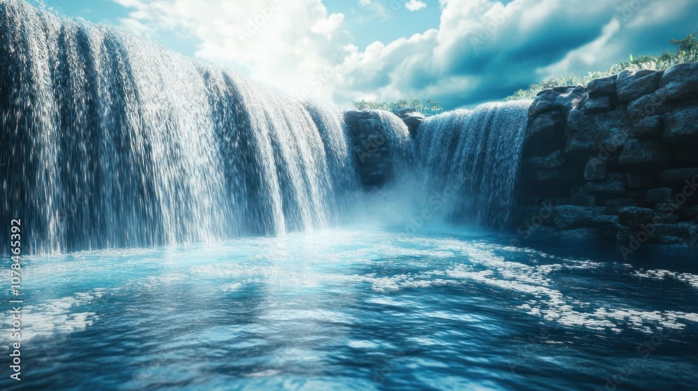 A scenic waterfall cascades down rocky cliffs into a clear blue pool of water. The sun shines brightly in the sky above, casting a warm glow over the scene.