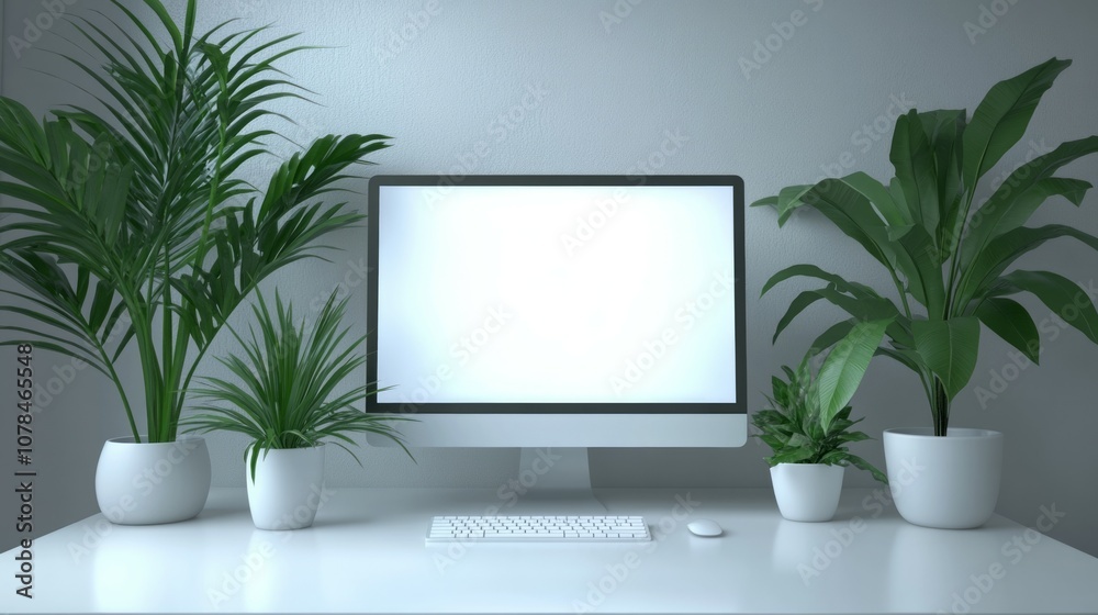 Creative designer desktop with blank white computer monitor, keyboard, coffee cup, smartphone, stationery and decorative plants on white brick wall background