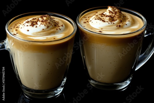 Two glass cups containing frothy Dalgona coffee on a black background