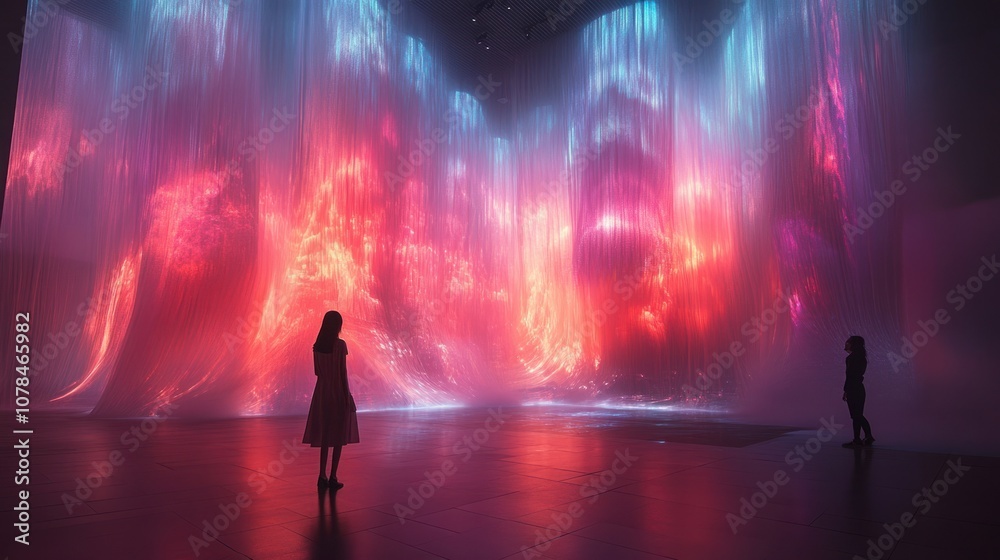 Two figures stand in awe of a mesmerizing light installation in a contemporary art gallery Two figures stand in awe of a mesmerizing light installation in a contemporary art gallery