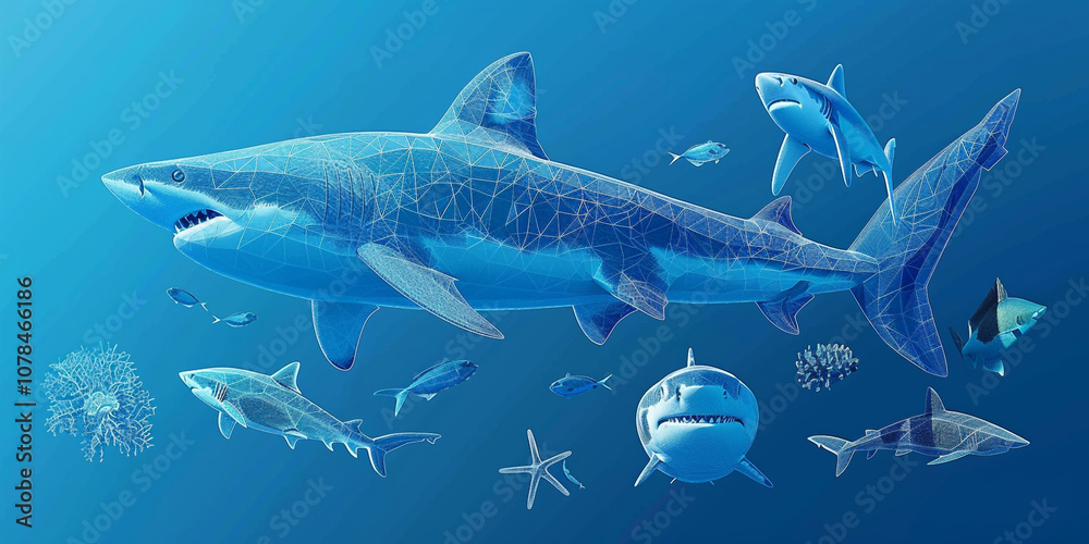 Obraz premium Shark Among Tropical Fish in Clear Blue Ocean 