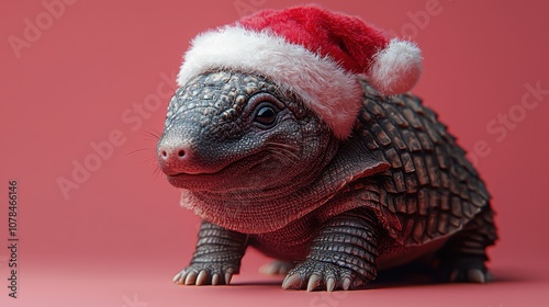 Adorable armadillo dressed in stylish accessories and a festive santa hat photo