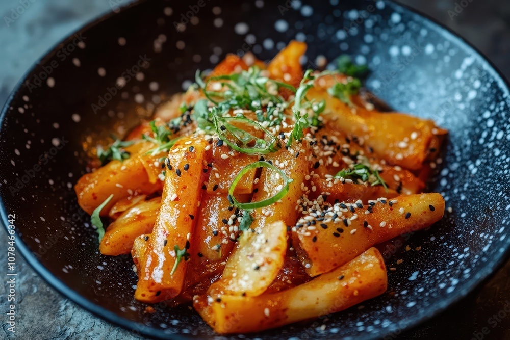 vertical garaetteok tteokbokki on a black plate vertical garaetteok tteokbokki on a black plate